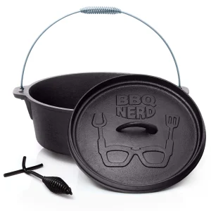 Null BBQ-Nerd© Dutch Oven “Starter” 10,7L Mit Ständer| Bereits Eingebrannt | Gusseisen Feuertopf, Bräter Mit Deckel Inkl. Deckelheber 11