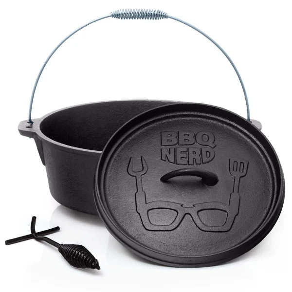 Null BBQ-Nerd© Dutch Oven “Starter” 10,7L Mit Ständer| Bereits Eingebrannt | Gusseisen Feuertopf, Bräter Mit Deckel Inkl. Deckelheber 3