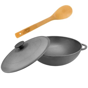 Null Wok Bratpfanne 26cm 3L Aus Gusseisen Mit Glasdeckel Und Kochlöffel 15