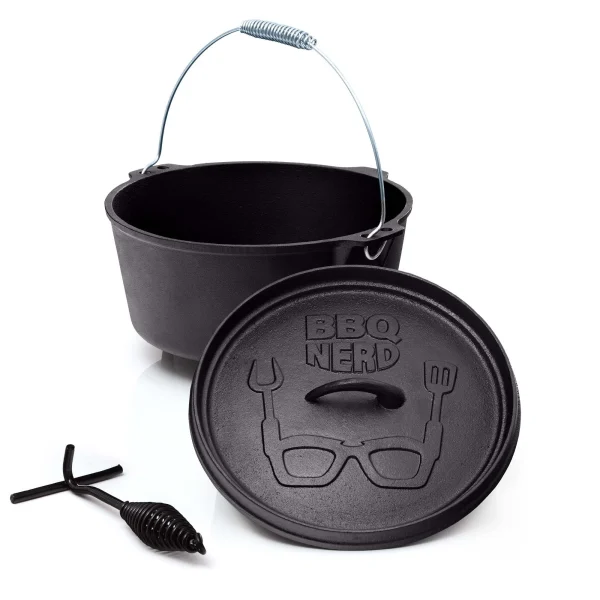 Null BBQ-Nerd© Dutch Oven “Starter” 10,7L Mit Ständer| Bereits Eingebrannt | Gusseisen Feuertopf, Bräter Mit Deckel Inkl. Deckelheber 6