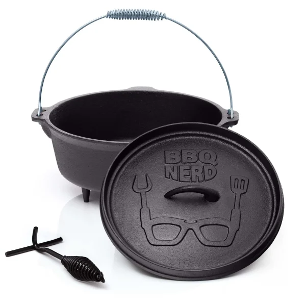 Null BBQ-Nerd© Dutch Oven “Starter” 3,1L Mit Füßen | Bereits Eingebrannt | Gusseisen Feuertopf, Bräter Mit Deckel Inkl. Deckelheber 6