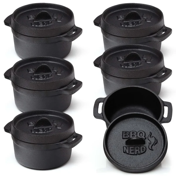 Null BBQ-Nerd© 6er Set Mini Dutch Oven | Kleiner Gusseisentopf Mit Deckel 11x5cm Für Grill, Feuerstelle, Backofen, Herd ǀ Serviertöpfe Kochtopf Schmortopf 1