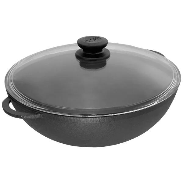 Null Wok Bratpfanne 26cm 3L Aus Gusseisen Mit Glasdeckel Und Kochlöffel 1