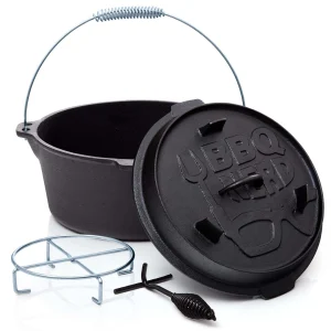 Null BBQ-Nerd© Dutch Oven “Professional” 7,3L Mit Ständer | Bereits Eingebrannt | Gusseisen Feuertopf Mit Deckel Und Integr. Bratpfanne und Deckelheber 17