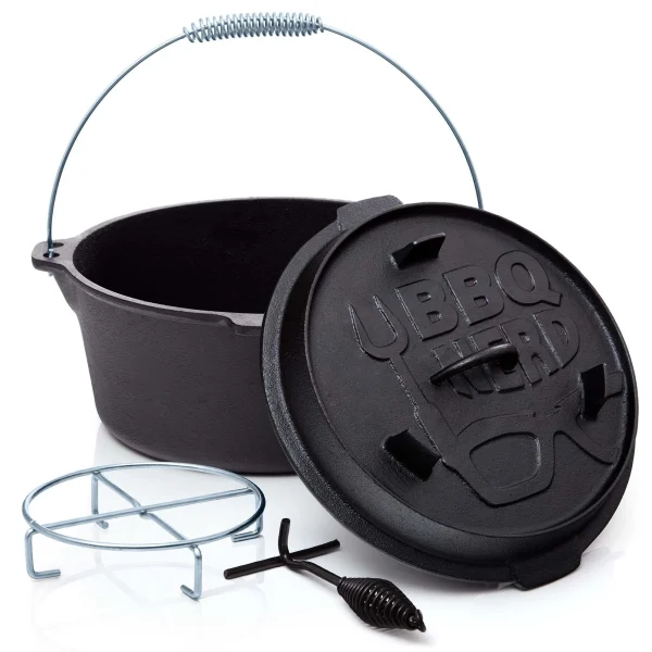 Null BBQ-Nerd© Dutch Oven “Professional” 7,3L Mit Ständer | Bereits Eingebrannt | Gusseisen Feuertopf Mit Deckel Und Integr. Bratpfanne und Deckelheber 6