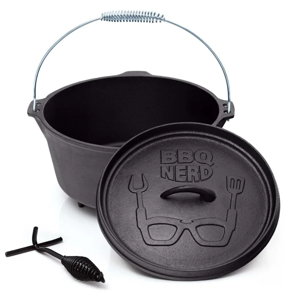 Null BBQ-Nerd© Dutch Oven “Starter” 10,7L Mit Ständer| Bereits Eingebrannt | Gusseisen Feuertopf, Bräter Mit Deckel Inkl. Deckelheber 4