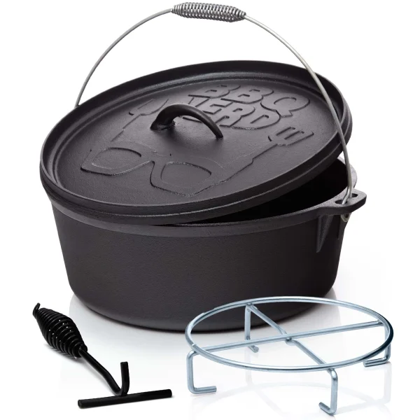 Null BBQ-Nerd© Dutch Oven “Starter” 10,7L Mit Ständer| Bereits Eingebrannt | Gusseisen Feuertopf, Bräter Mit Deckel Inkl. Deckelheber 1