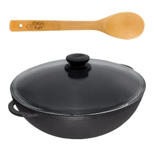 Null Wok Bratpfanne 26cm 3L Aus Gusseisen Mit Glasdeckel Und Kochlöffel 21