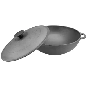 Null Wok Bratpfanne 26cm 3L Aus Gusseisen Mit Glasdeckel Und Kochlöffel 13