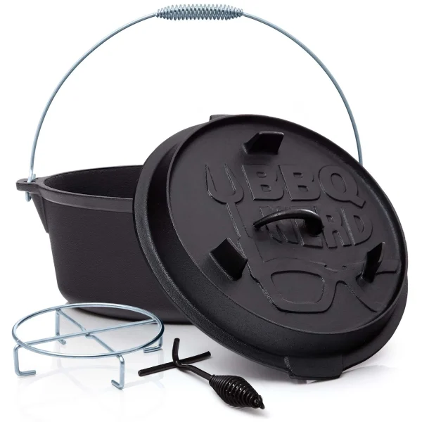 Null BBQ-Nerd© Dutch Oven “Professional” 13,6L Mit Ständer | Bereits Eingebrannt | Gusseisen Feuertopf Mit Deckel Und Integr. Bratpfanne und Deckelheber 3